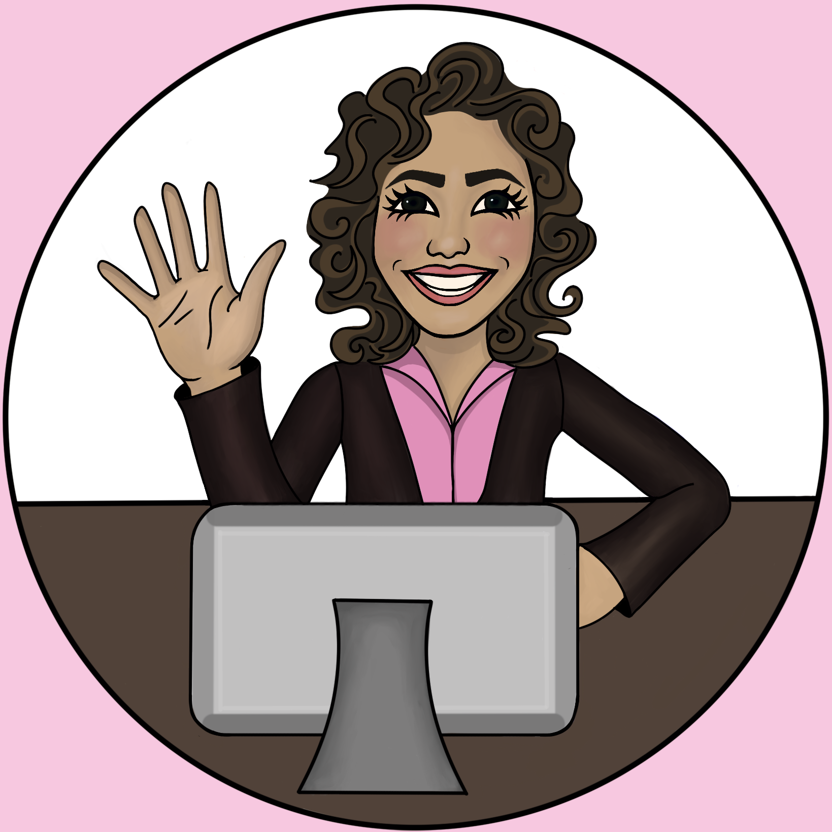 a cute logo cartoon of damani behind a computer waving